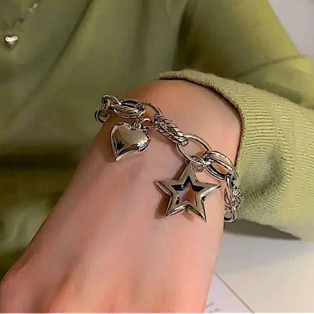 Sterling Silver Heart Star Charm Chain Link Bracelet